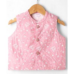 Babyhug Cambric Woven Full Sleeves Solid Kurta Pyjama Set With Floral Embroidered Jacket - Pink