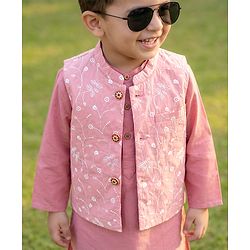 Babyhug Cambric Woven Full Sleeves Solid Kurta Pyjama Set With Floral Embroidered Jacket - Pink