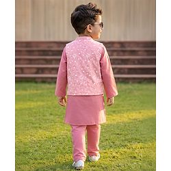 Babyhug Cambric Woven Full Sleeves Solid Kurta Pyjama Set With Floral Embroidered Jacket - Pink