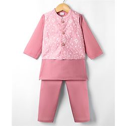 Babyhug Cambric Woven Full Sleeves Solid Kurta Pyjama Set With Floral Embroidered Jacket - Pink