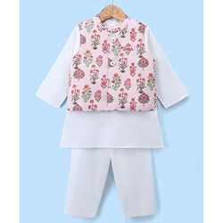 Babyhug Cambric Woven Full Sleves Kurta Pyjama Set and Jacket with Floral Print - Offwhite