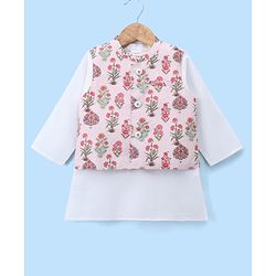 Babyhug Cambric Woven Full Sleves Kurta Pyjama Set and Jacket with Floral Print - Offwhite