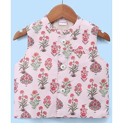 Babyhug Cambric Woven Full Sleves Kurta Pyjama Set and Jacket with Floral Print - Offwhite