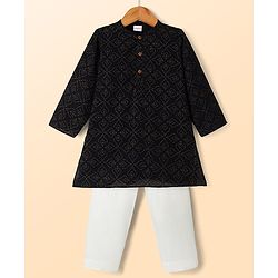 Babyhug Cambric Woven Full Sleeves Kurta & Pyjama Set with Leaf Foil Print - Black