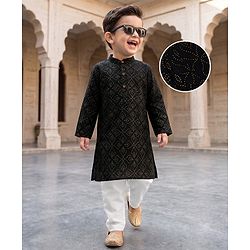 Babyhug Cambric Woven Full Sleeves Kurta & Pyjama Set with Leaf Foil Print - Black