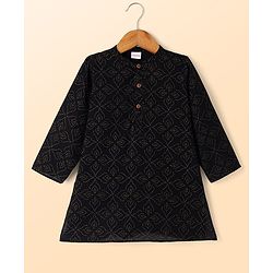 Babyhug Cambric Woven Full Sleeves Kurta & Pyjama Set with Leaf Foil Print - Black