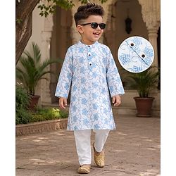 Babyhug 100% Cotton Cambric Woven Embroidered Full Sleeves Kurta Pajama Set - Blue & White