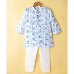 Babyhug 100% Cotton Cambric Woven Embroidered Full Sleeves Kurta Pajama Set - Blue & White