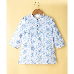 Babyhug 100% Cotton Cambric Woven Embroidered Full Sleeves Kurta Pajama Set - Blue & White