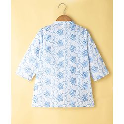 Babyhug 100% Cotton Cambric Woven Embroidered Full Sleeves Kurta Pajama Set - Blue & White