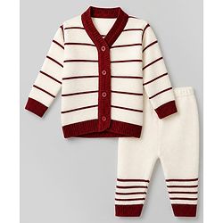 Babyhug Knit Full Sleeves Striped Sweater Set with Cap & Booties - White