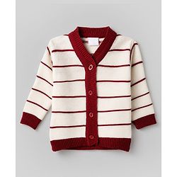 Babyhug Knit Full Sleeves Striped Sweater Set with Cap & Booties - White