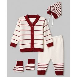 Babyhug Knit Full Sleeves Striped Sweater Set with Cap & Booties - White