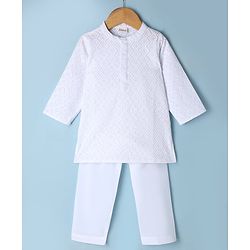 Babyhug 100% Cotton Woven Full Sleeves Kurta & Pyjama Set with Geometric Embroidery in White
