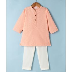 Babyhug 100% Cotton Cambric Full Sleeves Kurta Pyjama Set with Diamond Embroidery in Peach