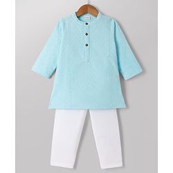 Babyhug 100% Cotton Cambric Full Sleeves Kurta Pyjama Set with Diamond Embroidery in Sky Blue