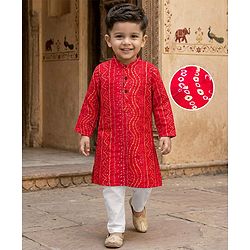Babyhug 100% Cotton Cambric Woven Full Sleeves Kurta Pajama Set with Bandhani Print - Red