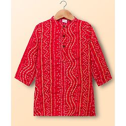 Babyhug 100% Cotton Cambric Woven Full Sleeves Kurta Pajama Set with Bandhani Print - Red