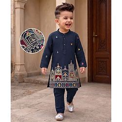 Babyhug 100% Cotton Cambric Woven Floral Embroidered Sequin Detailng Kurta Pyjama Set - Navy