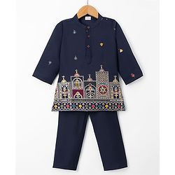 Babyhug 100% Cotton Cambric Woven Floral Embroidered Sequin Detailng Kurta Pyjama Set - Navy