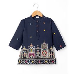 Babyhug 100% Cotton Cambric Woven Floral Embroidered Sequin Detailng Kurta Pyjama Set - Navy
