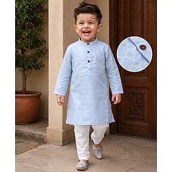 Babyhug Cambric Woven Full Sleeves Kurta Pyjama Set with Foil Print - Light Blue