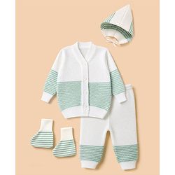 Babyhug Knit Cardigan and Pant with Full Sleeves and Color Block Design in Mint for Preemie-Preemie
