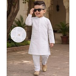 Babyhug Cambric Woven Full Sleeves Kurta Pyjama Set with Foil Print - White