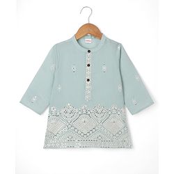 Babyhug Woven Full Sleeves Floral Embroidered Dhoti Kurta Set With Sequin Detailing - Teal Blue