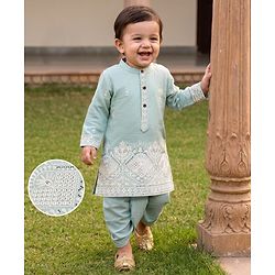 Babyhug Woven Full Sleeves Floral Embroidered Dhoti Kurta Set With Sequin Detailing - Teal Blue