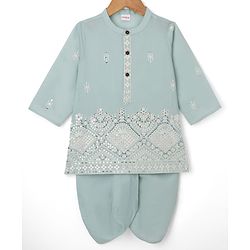 Babyhug Woven Full Sleeves Floral Embroidered Dhoti Kurta Set With Sequin Detailing - Teal Blue