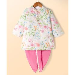 Babyhug Cambri 100% Cotton Woven Schiffli Floral Printed Full Sleeves Kurta Dhoti Set - White & Pink