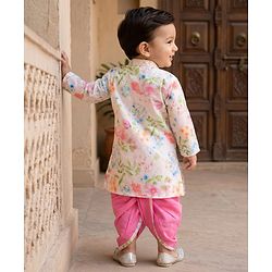 Babyhug Cambri 100% Cotton Woven Schiffli Floral Printed Full Sleeves Kurta Dhoti Set - White & Pink