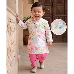 Babyhug Cambri 100% Cotton Woven Schiffli Floral Printed Full Sleeves Kurta Dhoti Set - White & Pink