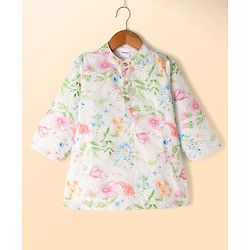 Babyhug Cambri 100% Cotton Woven Schiffli Floral Printed Full Sleeves Kurta Dhoti Set - White & Pink