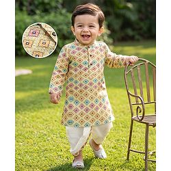 Babyhug Cambric Woven Full Sleeves Hakkoba Printed Dhoti Kurta - Lemon