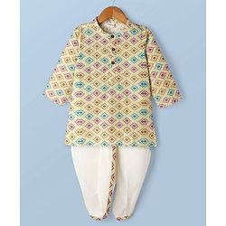 Babyhug Cambric Woven Full Sleeves Hakkoba Printed Dhoti Kurta - Lemon