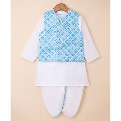 Babyhug 100% Cotton Cambric Woven Full Sleeves Kurta & Dhoti Set With Printed Jacket - White