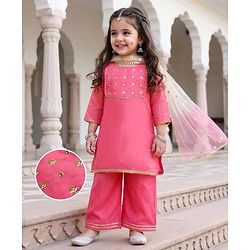 Babyhug Woven Georgette Three Fourth Sleeves Embroidered Kurti Sharara and Dupatta Set - Dark Pink
