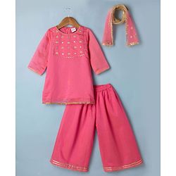 Babyhug Woven Georgette Three Fourth Sleeves Embroidered Kurti Sharara and Dupatta Set - Dark Pink