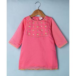 Babyhug Woven Georgette Three Fourth Sleeves Embroidered Kurti Sharara and Dupatta Set - Dark Pink