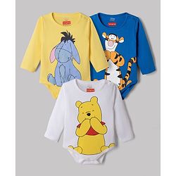 Babyhug Disney Interlock Knit Full Sleeves Onesies With Animal Print & Winnie The Pooh Graphic Pack of 3 - Yellow, White & Blue