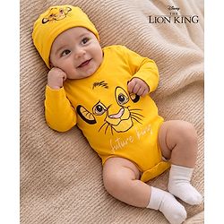Babyhug Disney Interlock Knit Full Sleeves Onesie With Cap and Lion King Graphic - Yellow