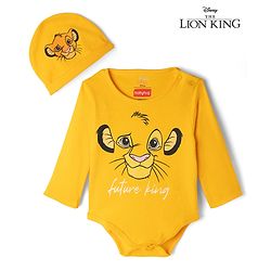 Babyhug Disney Interlock Knit Full Sleeves Onesie With Cap and Lion King Graphic - Yellow