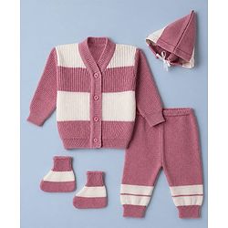 Babyhug Knit Full Sleeves Colour Block Design Sweater Set with Cap & Booties - Peach