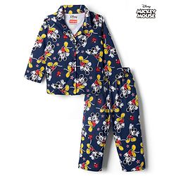Babyhug Disney Single Jersey Knit Full Sleeves Front Open Shirt & Pyjama Night Suit Co-Ords Set With Mickey Mouse Graphic - Navy Blue
