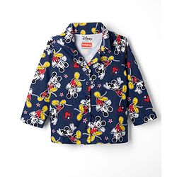 Babyhug Disney Single Jersey Knit Full Sleeves Front Open Shirt & Pyjama Night Suit Co-Ords Set With Mickey Mouse Graphic - Navy Blue