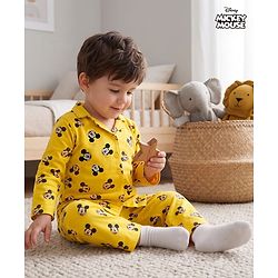 Babyhug Disney Single Jersey Knit Full Sleeves Co-Ords Shirt & Pyjama Night Suit with Mickey Mouse Print - Yellow