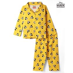 Babyhug Disney Single Jersey Knit Full Sleeves Co-Ords Shirt & Pyjama Night Suit with Mickey Mouse Print - Yellow