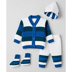 Babyhug Knit Full Sleeves Sweater Set With Cap Booties & Stripes Design - White